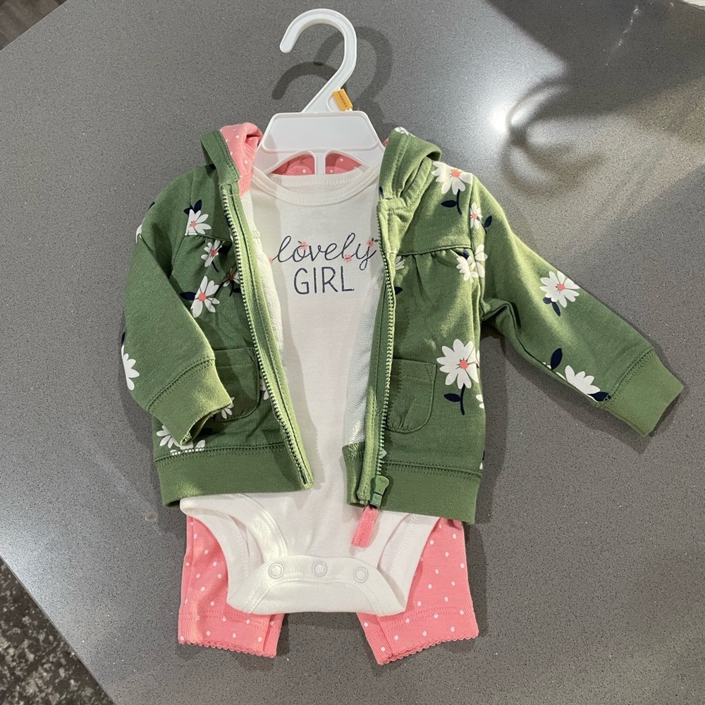 New never worn, newborn girls. With onesies, pants and jacket. Carters brand